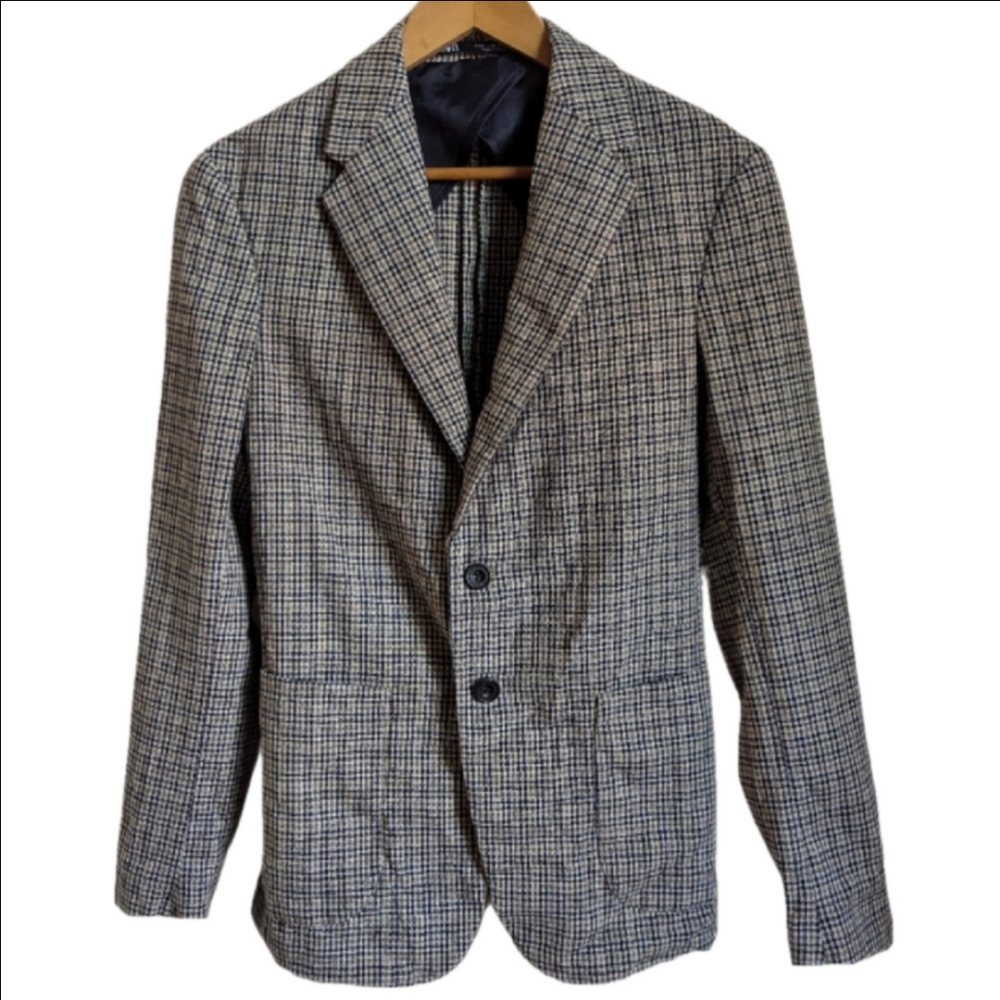ZARA Neutrals Linen & Cotton Classic Checkered Simple Breasted Blazer Small